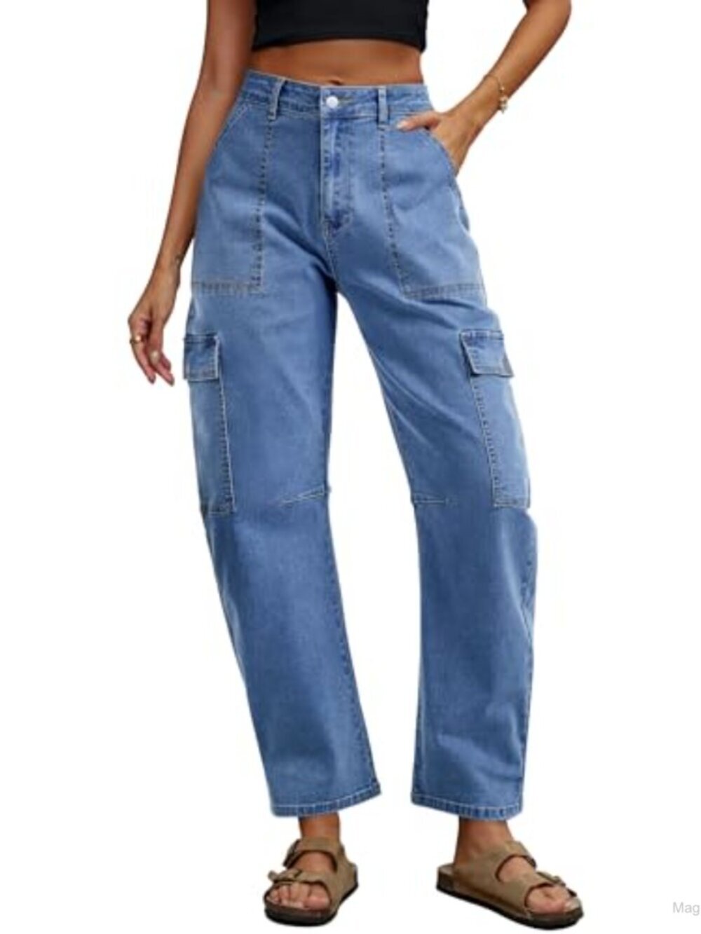 High Waisted Barrel Cargo Jeans Women Wide Leg Baggy Utility 6 Pockets Ankle